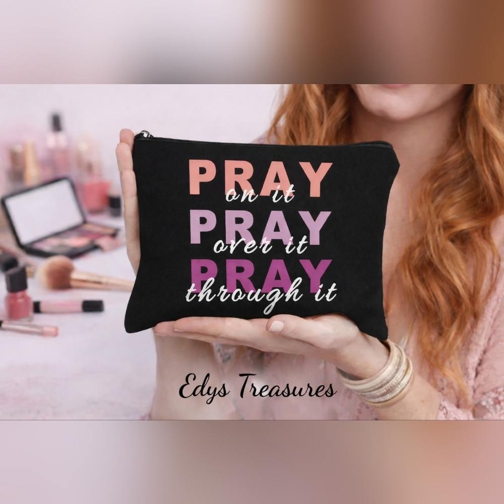 Faith Inspirational Pray On It Black Makeup Cosmetic Bag New